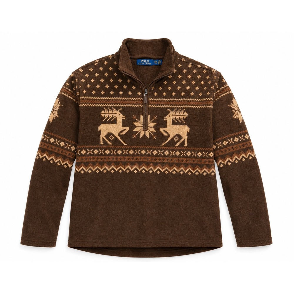New Polo Ralph Lauren Men XXL Brown Reindeer Fair Isle Fleece 1/4 Zip Pullover